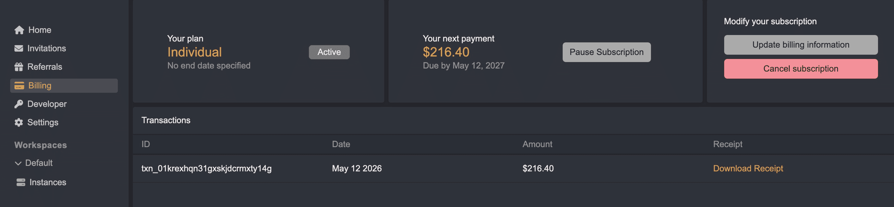 Billing page.